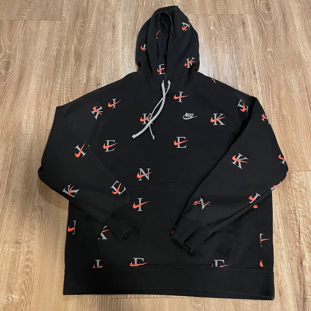 Nike Mens Hoodie XL Black Cotton Fleece All Over Print Logo Pullover Sweatshirt